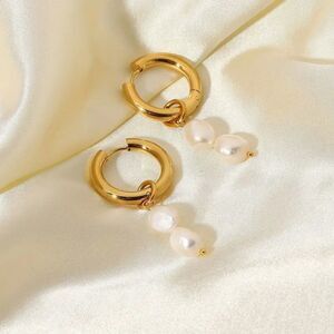 Double Natural Freshwater Pearl Drop Dangle Earrings Bohemian 18K Gold Plated